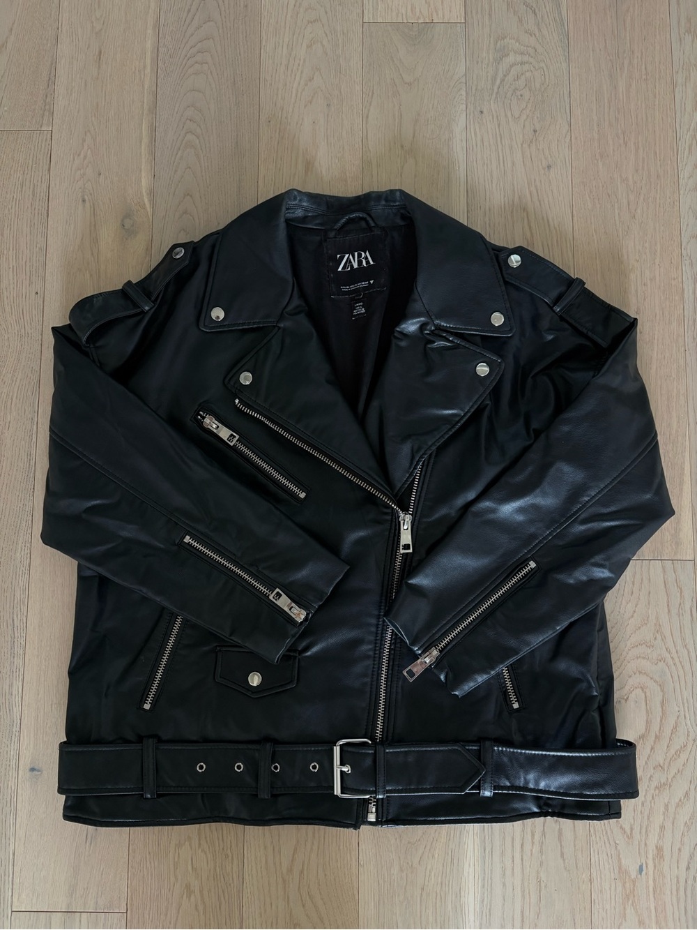 Zara Oversized Faux Leather Moto Jacket with Silver Hardware